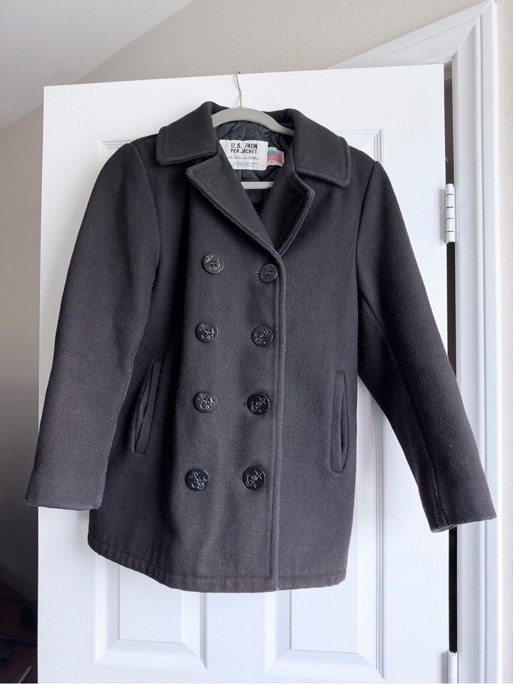 Vintage Schott 740N Pea Coat Womens 6 Black Wool Made in USA Lined 80s 90s